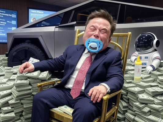 Elon Musk depicted as a billionaire man-child surrounded by wealth, illustrating the illusion of genius and unchecked power. Generated by Grok.