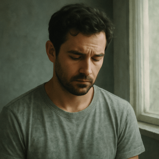 A man with dark hair and a tired, downcast expression sits by a window in soft light, wearing a muted green T-shirt, embodying quiet emotional exhaustion.