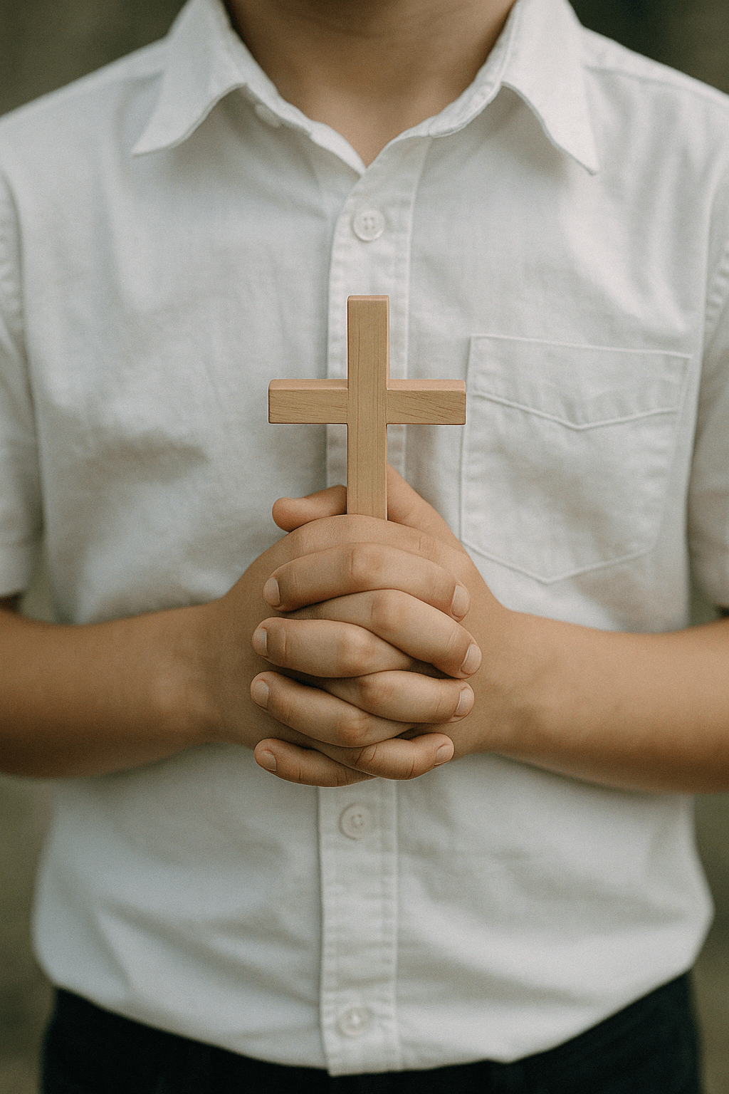 A child wearing a white button-up shirt clasps a plain wooden cross in both hands, symbolising innocence, belief, and early indoctrination.