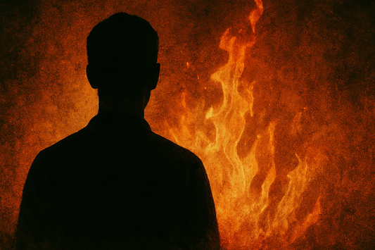  Silhouette of a person standing confidently in front of a swirling, fiery background. The scene uses intense reds, oranges, and yellows to evoke transformation, power, and emotional intensity, reflecting inner fire and resilience.